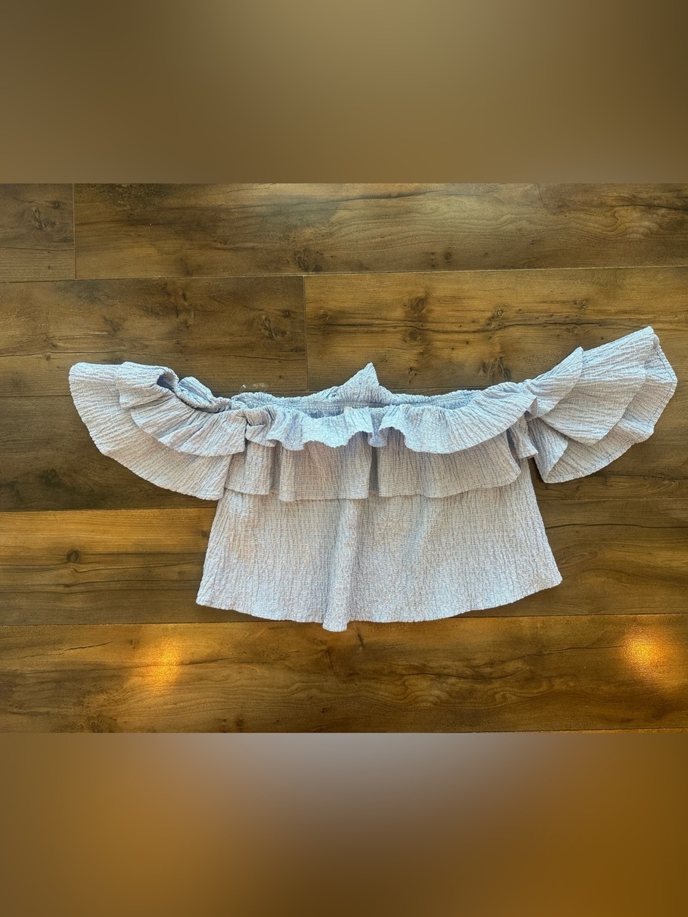 Charlotte Avery Off Shoulder Ruffle Crop Top Blue Stripe Cottagecore Large